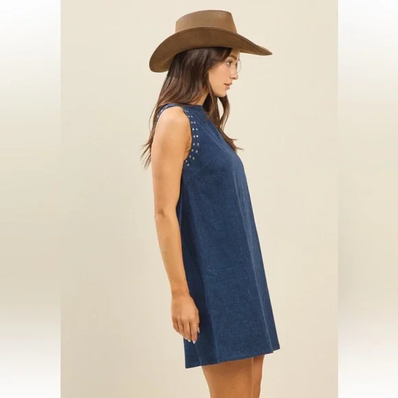 New Trendy Blue Denim Studded Sleeveless Shift Style Dress